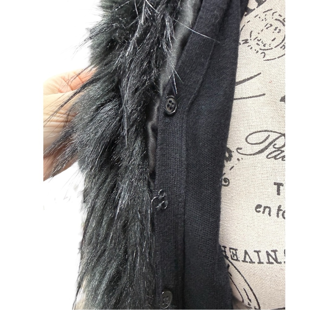 Boston Proper Black Faux Fur Trim Tuxedo Cardigan - Picture 2 of 7